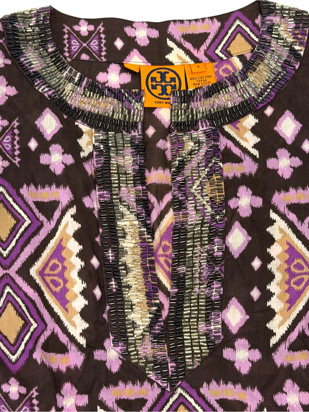 Tory Burch Printed Tunic Dress Purple Brown Geometric Embroidered Neck Size 4 - Picture 4 of 9